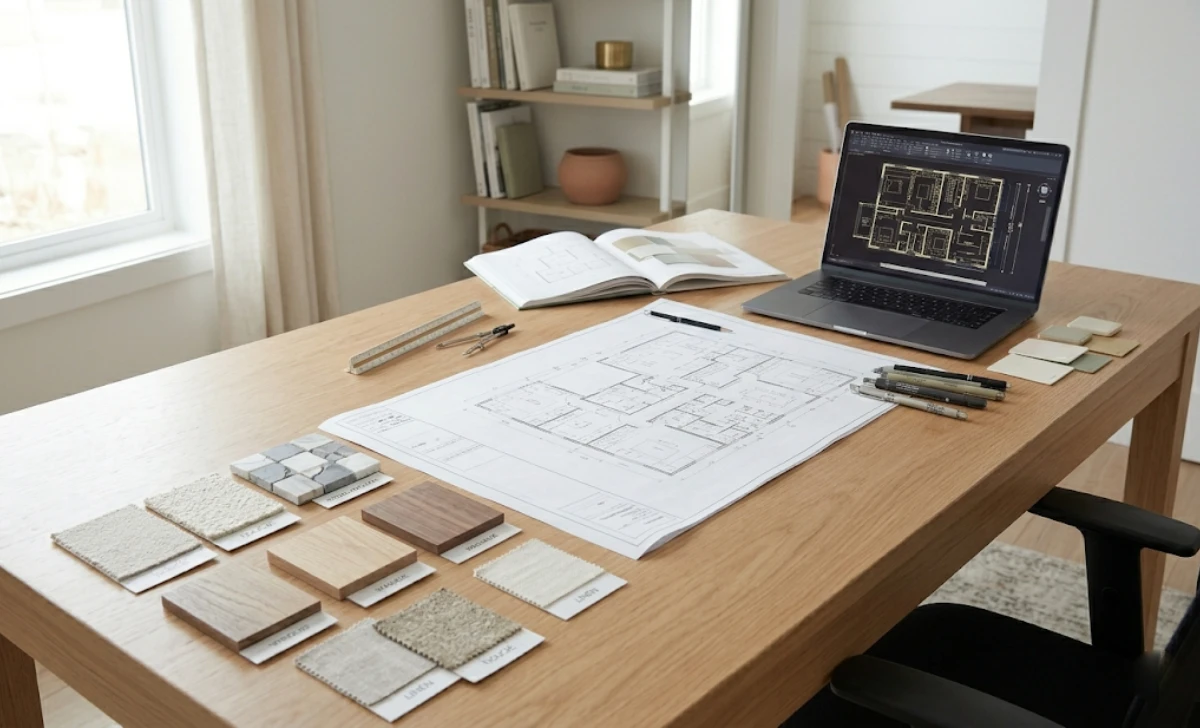 Types of Interior Design Jobs Available: How to Find Them, What They Pay, and Where to Look - Home Decor | HomeImprovementGeek Interior design jobs workspace with AutoCAD drawings, floor plans, and material samples on a drafting table