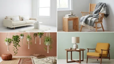 Four interior design styles side by side: minimalist, Scandinavian, bohemian, and mid-century modern