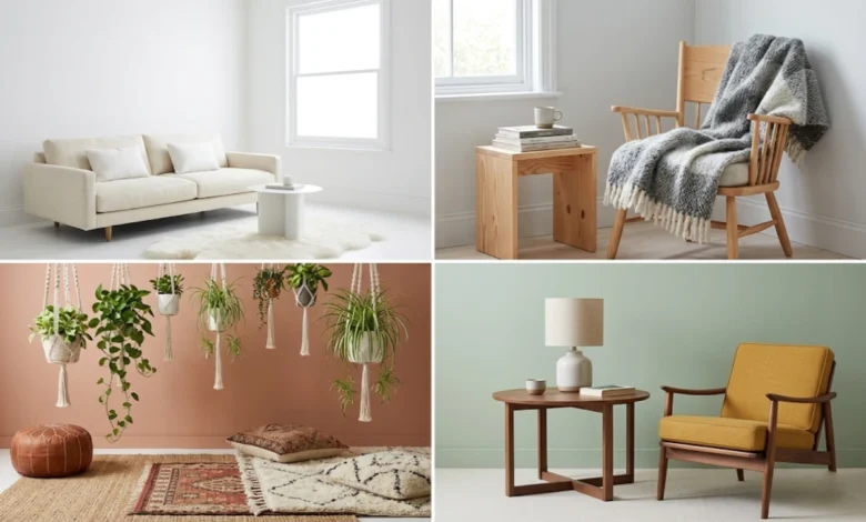 Four interior design styles side by side: minimalist, Scandinavian, bohemian, and mid-century modern