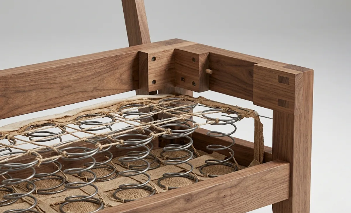 Sofa frame construction showing hardwood corner-blocking and coil spring system
