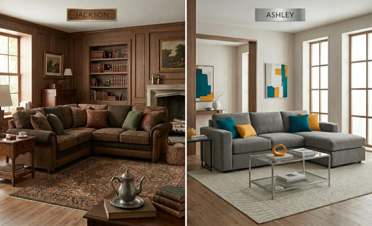 Traditional Jackson Furniture sofa versus modern Ashley Furniture sofa in contrasting room settings