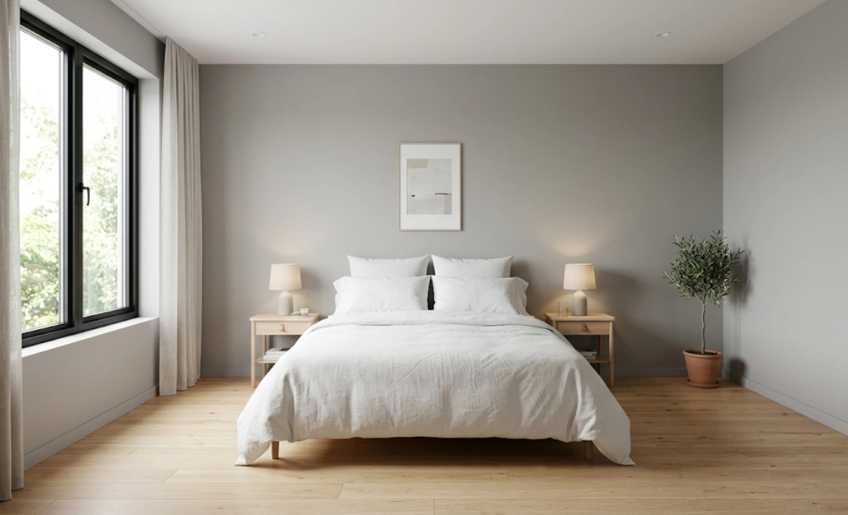 King size bed centered in a spacious master bedroom with clear floor space on both sides