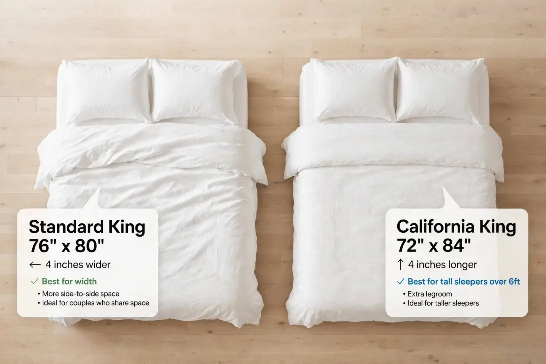 Top-down view of Standard King and California King beds side by side with white bedding showing width and length differences