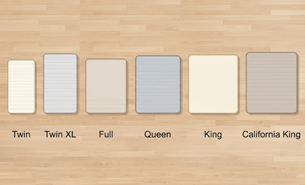 Side by side comparison of all six types of bed sizes from Twin to California King