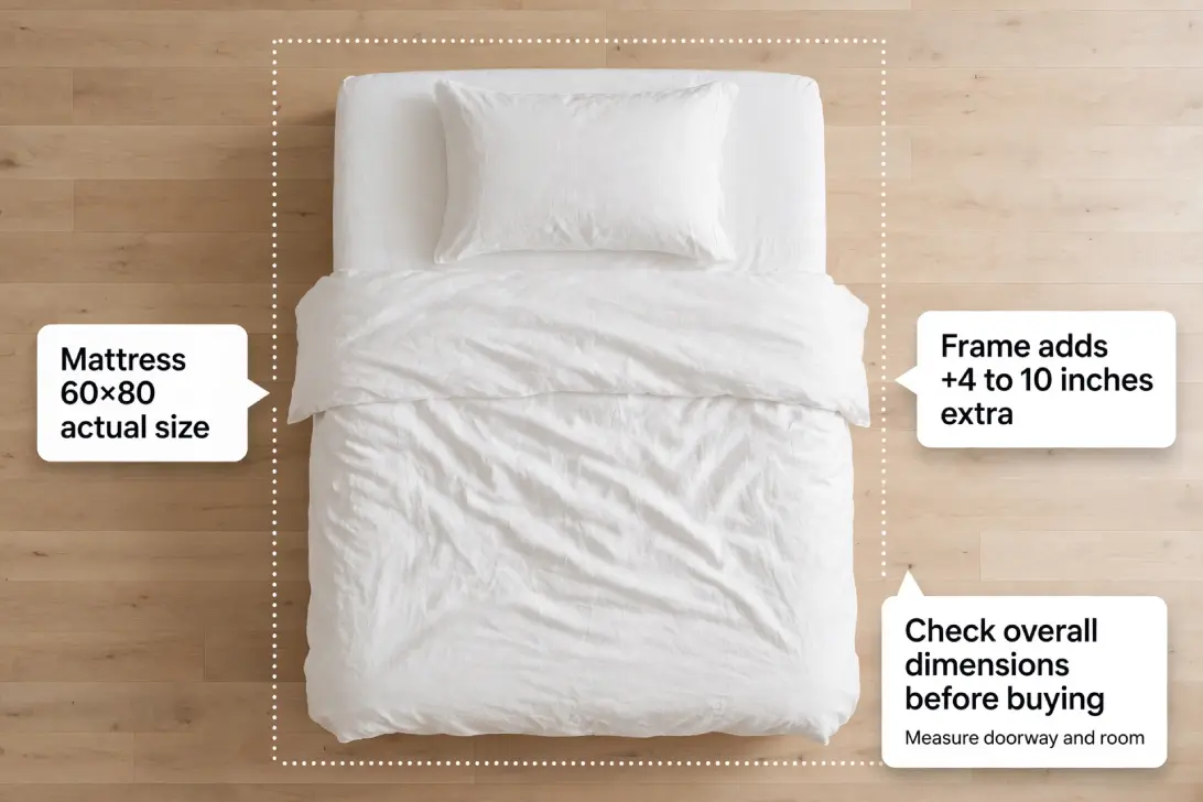 Top-down view of Queen mattress with white bedding showing dotted frame outline and extra space callouts
