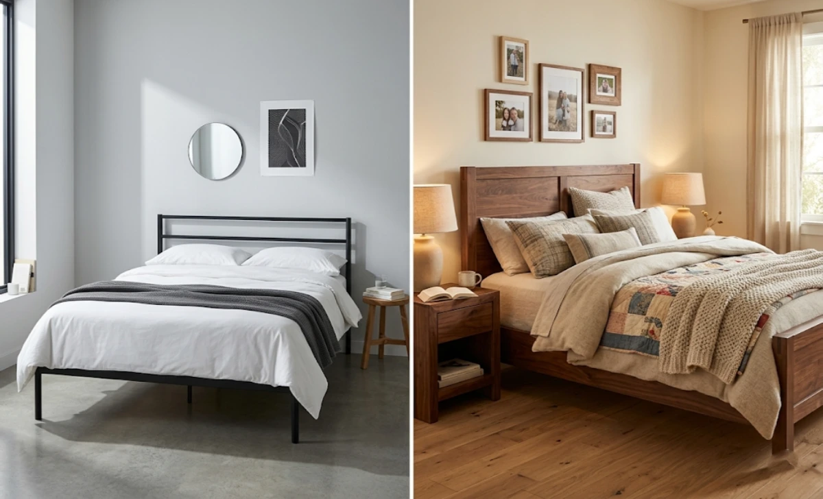 Two bedroom styles showing a metal bed frame in a minimalist room and a wood bed frame in a warm cozy room