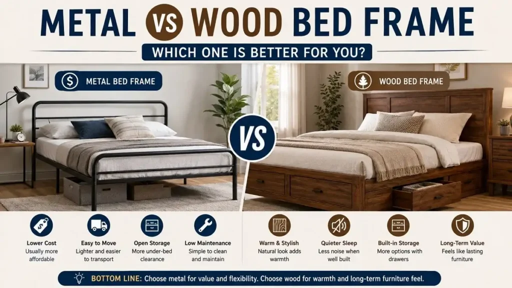 Metal vs Wood Bed Frame: Which One Is Better for You? - Bedrooms | HomeImprovementGeek Metal vs wood bed frame comparison showing cost, moving, storage, maintenance, style, noise, and long-term value.