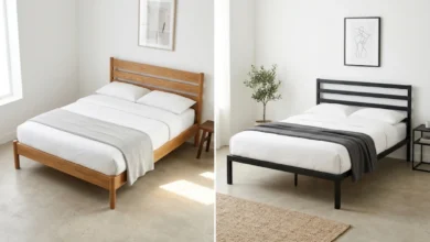 Side-by-side comparison of a wood bed frame and a metal bed frame in a neutral bedroom