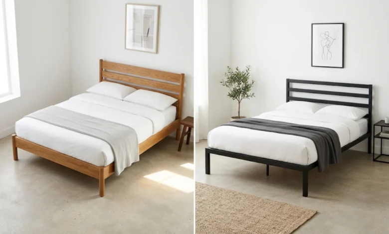 Side-by-side comparison of a wood bed frame and a metal bed frame in a neutral bedroom