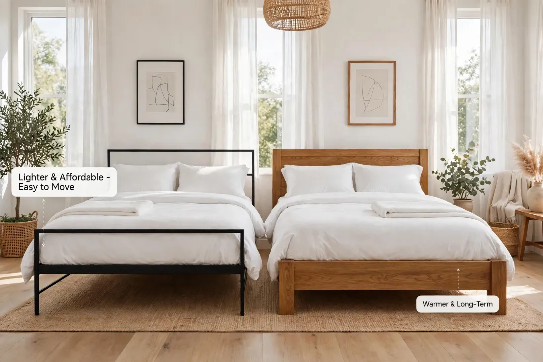 Two platform beds side by side with white bedding, black metal frame and oak wood frame, Poppins regular 150px callout labels with dotted arrows highlighting lighter affordable versus warmer long-term design.