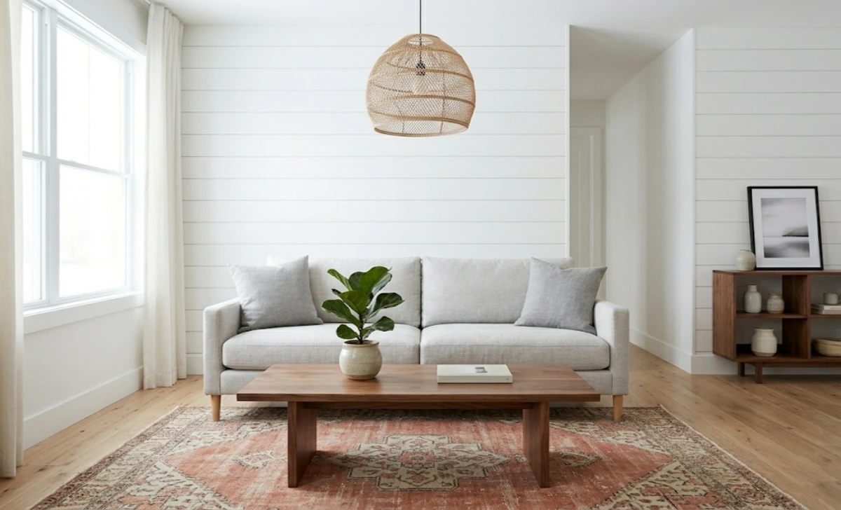 Living room mixing Japandi and bohemian interior design styles with walnut furniture and a vintage rug