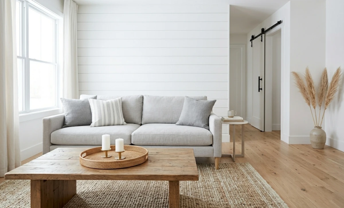 Modern farmhouse living room with shiplap walls, reclaimed wood coffee table, and a sliding barn door