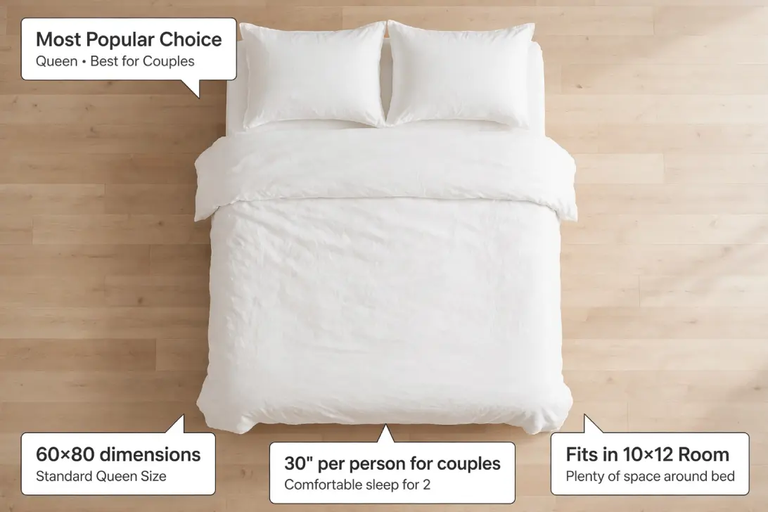 Top-down view of Queen bed with white bedding and two pillows showing 60x80 dimensions on wood floor