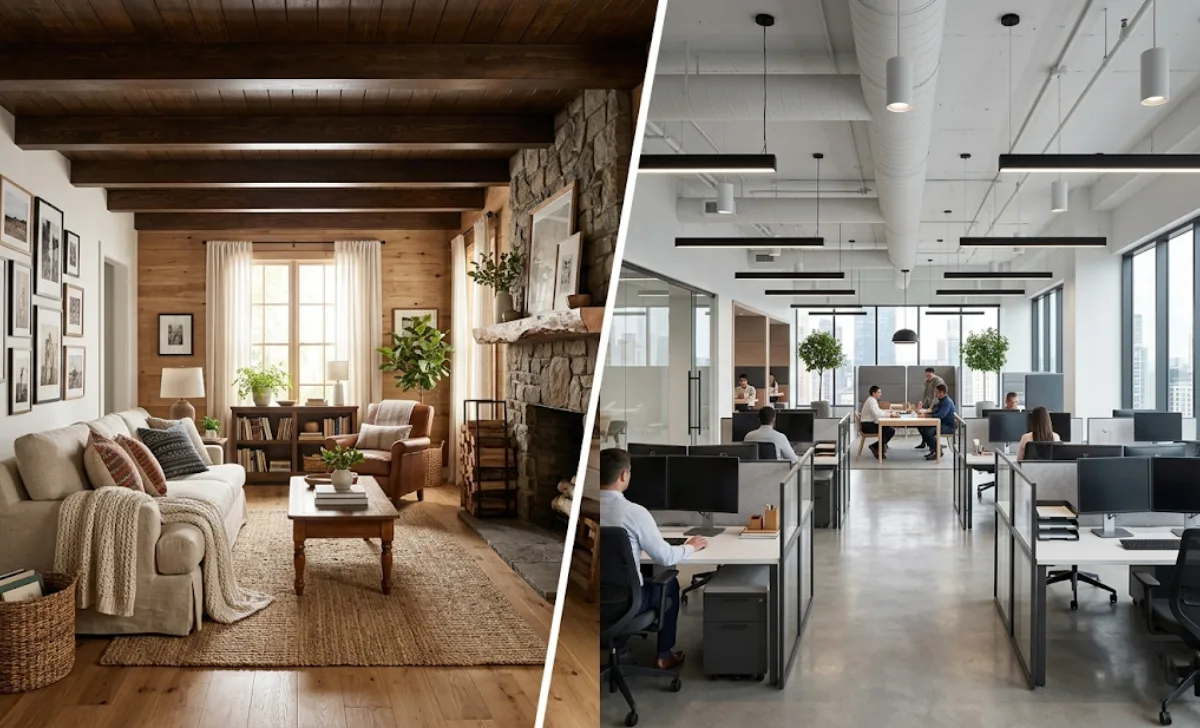 Types of Interior Design Jobs Available: How to Find Them, What They Pay, and Where to Look - Home Decor | HomeImprovementGeek Side-by-side comparison of a residential living room and a commercial office designed by interior designers