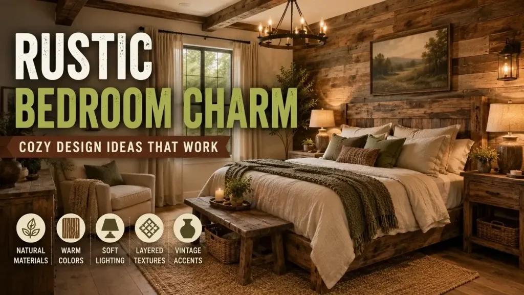 Cozy rustic bedroom with reclaimed wood furniture, warm lighting, layered bedding, natural textures, and vintage accents.