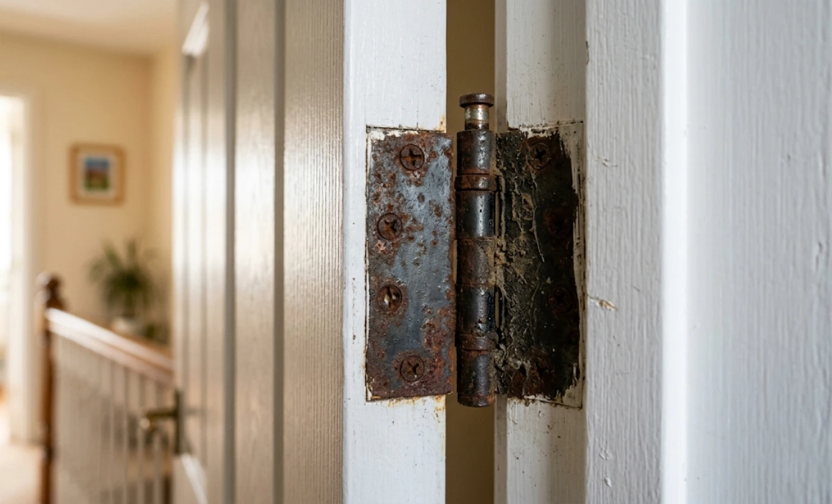 How to Fix a Squeaky Door: A Complete Step-by-Step Guide - Home Improvement | HomeImprovementGeek Close-up of a dry, worn squeaky door hinge on a white interior door