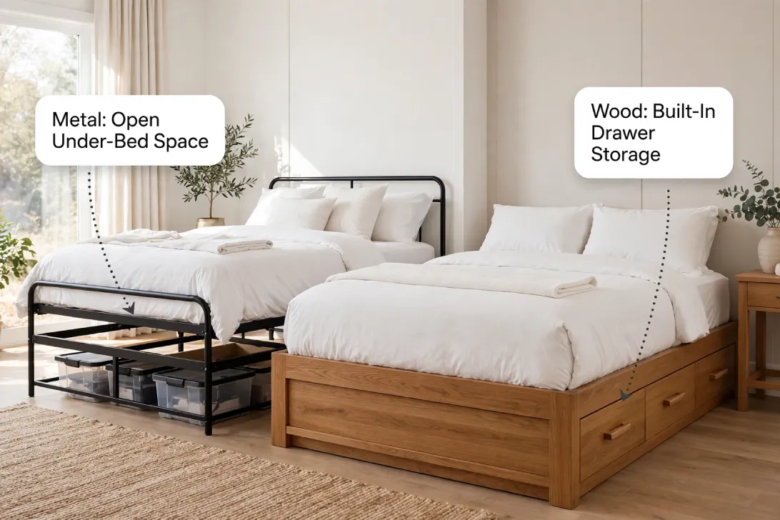 Metal bed with open under-bed bins versus wood bed with built-in drawer storage in bright bedroom with Poppins regular 36px callout labels.


