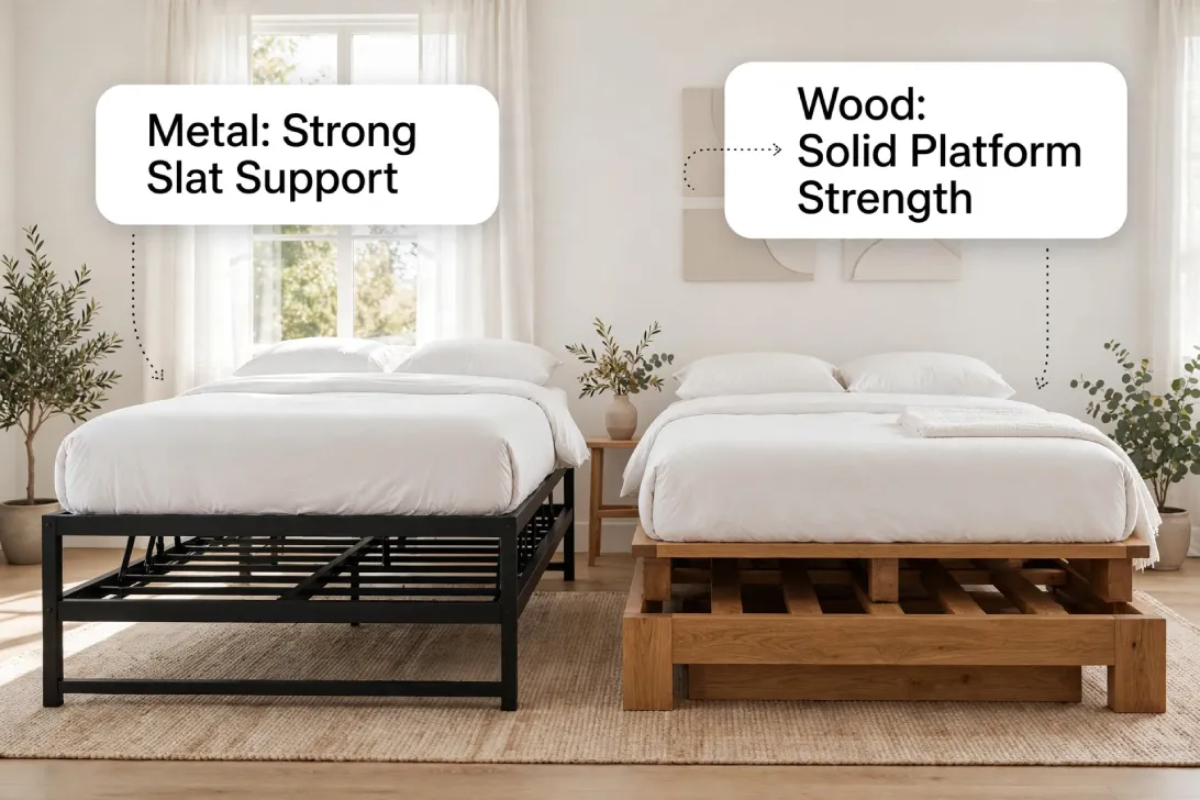 Metal bed frame showing strong slat support and wood platform bed showing solid strength in bright bedroom with Poppins regular 36px callout labels.