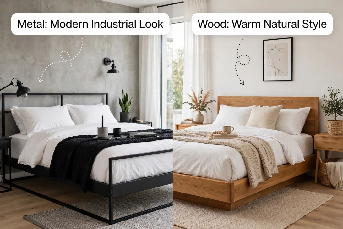 Split bedroom showing modern industrial metal bed versus warm natural wood bed style with Poppins regular 36px callout labels.