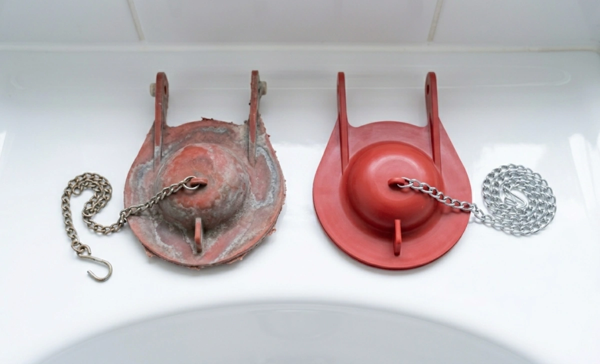 Old worn toilet flapper next to a new replacement flapper