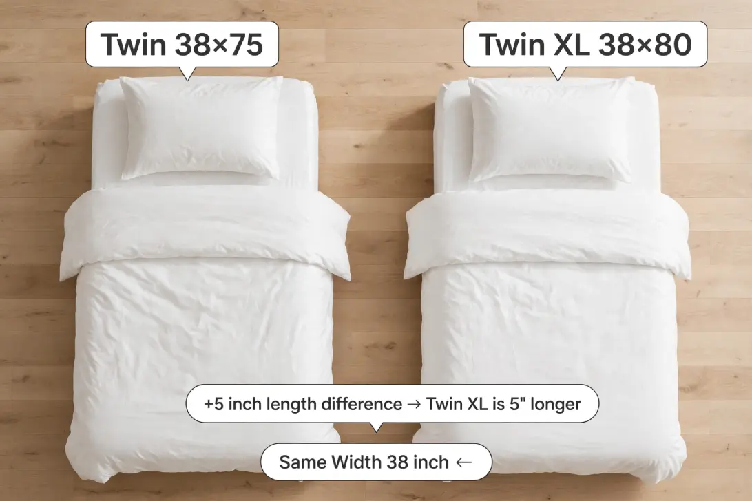 Top-down view of Twin and Twin XL beds side by side with white bedding showing 5 inch length difference on wood floor