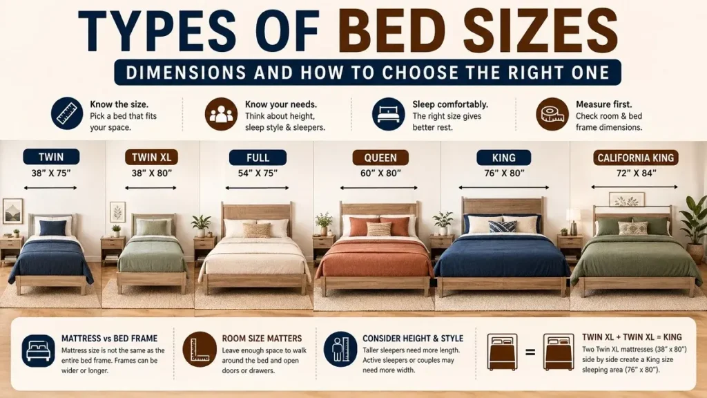 Types of Bed Sizes: Dimensions and How to Choose the Right One - Bedrooms | HomeImprovementGeek Types of bed sizes showing Twin, Twin XL, Full, Queen, King, and California King dimensions with room and frame planning tips.