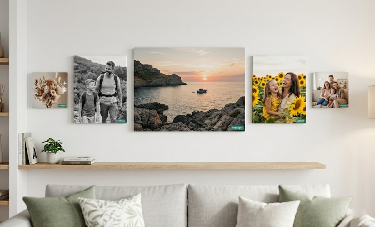 Wallapix gallery wall with five canvas prints in mixed sizes arranged on a white living room wall
