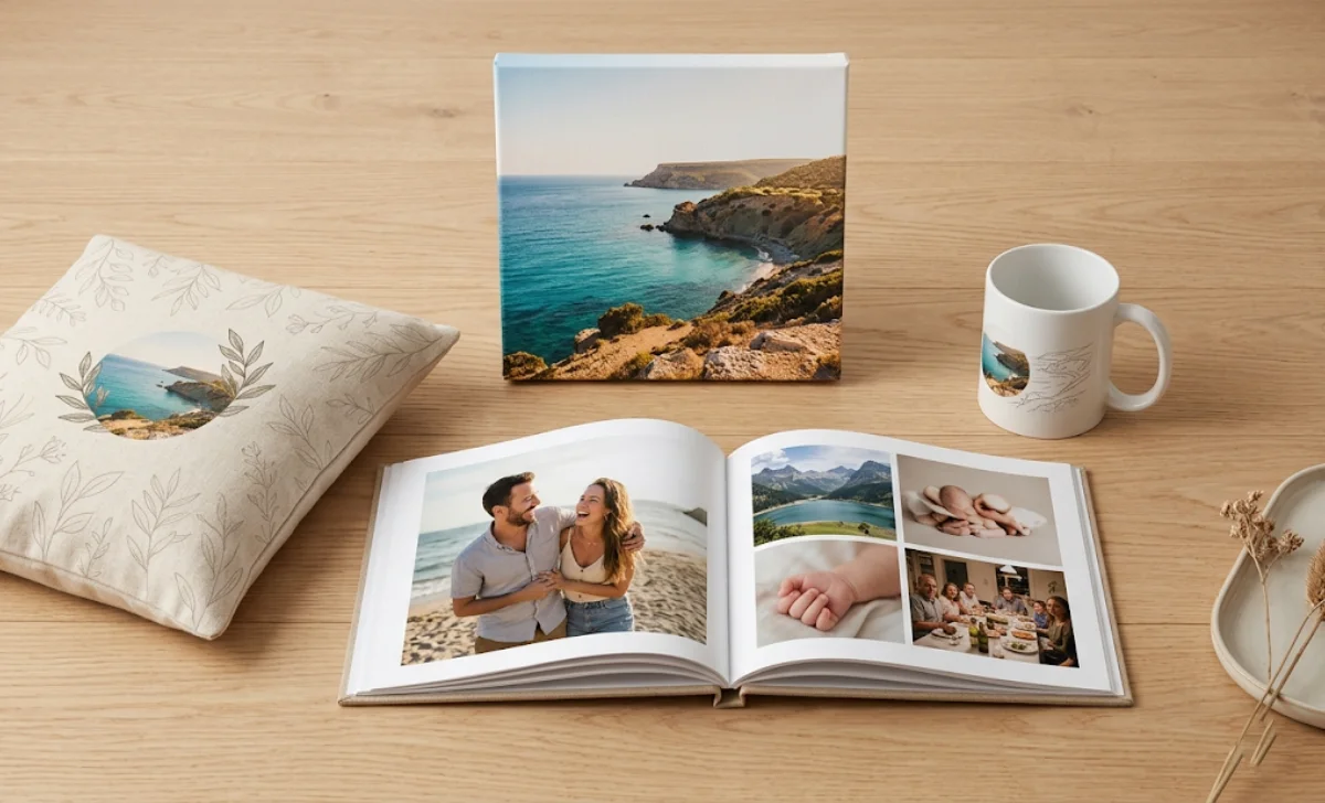Wallapix product range showing a photo book, canvas print, custom mug, and personalized pillow on a wooden surface