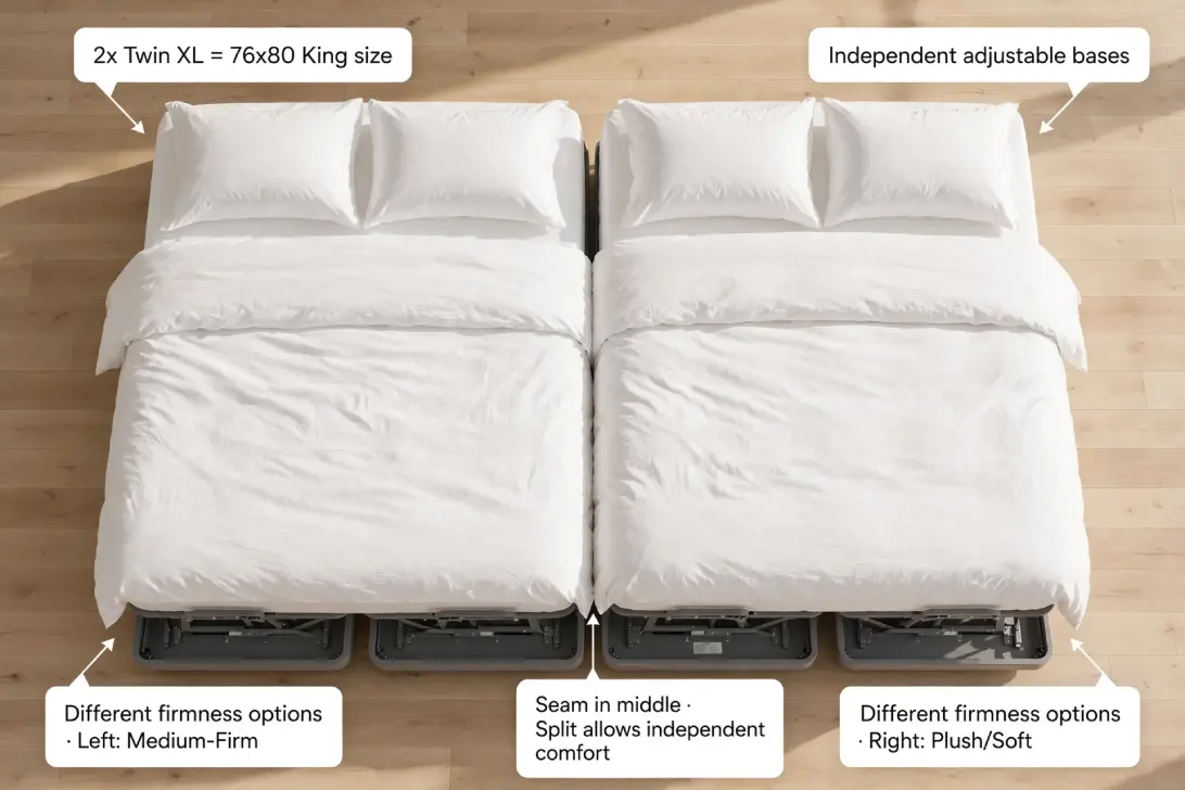 Top-down view of split king bed with two Twin XL mattresses and white bedding showing seam and adjustable bases
