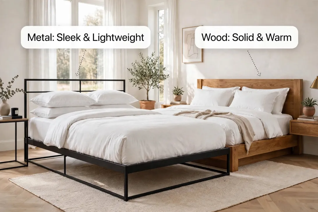 Side-by-side metal and wood platform beds in bright modern bedroom with Poppins regular 36px callout labels showing sleek lightweight versus solid warm differences.