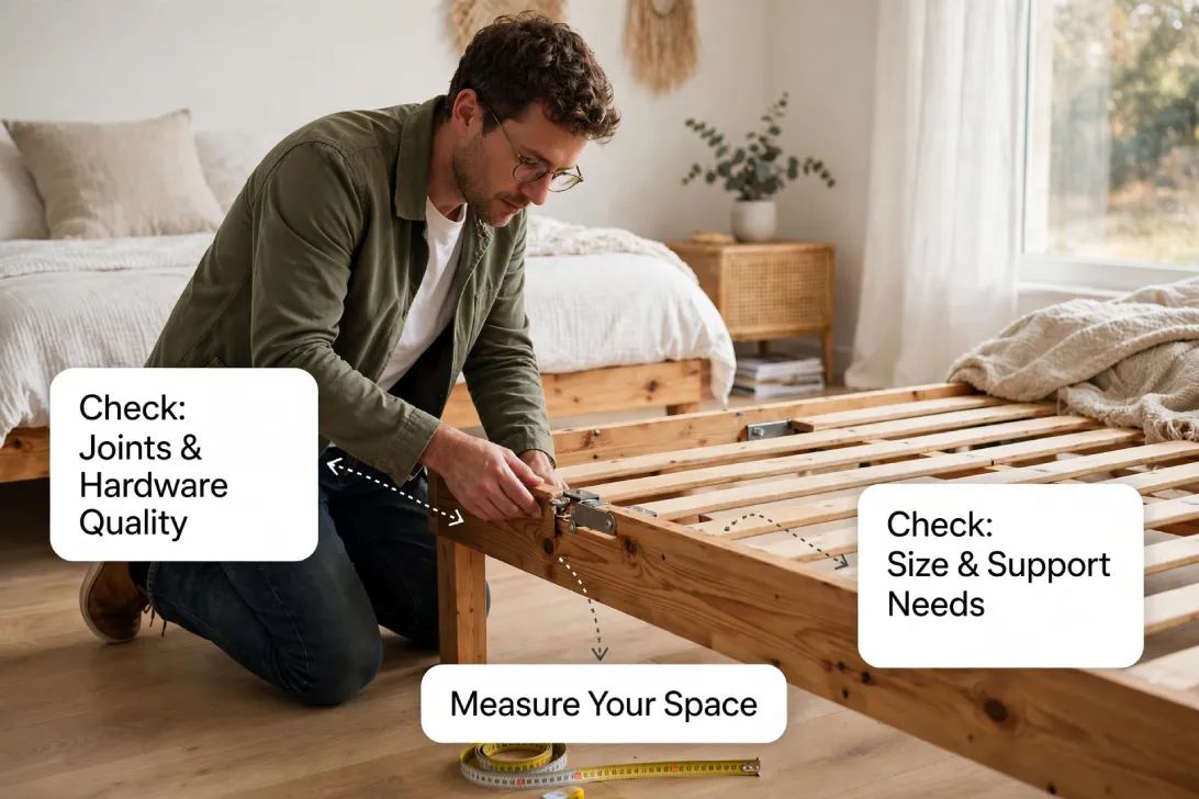 Man inspecting bed frame joints and slats with measuring tape on floor, Poppins regular 36px callout labels for hardware quality, size support and measuring space.