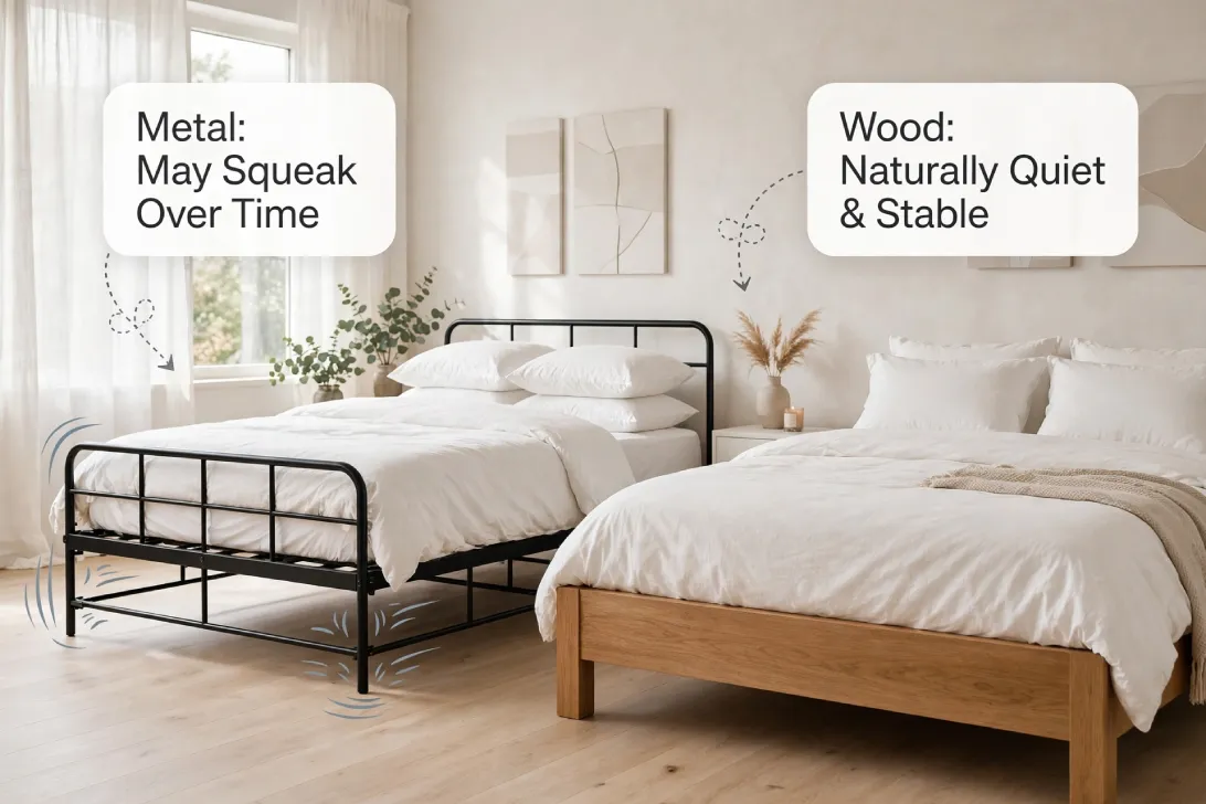 Metal bed with subtle motion lines indicating squeak versus stable quiet wood bed in bright bedroom with Poppins regular 36px callout labels.