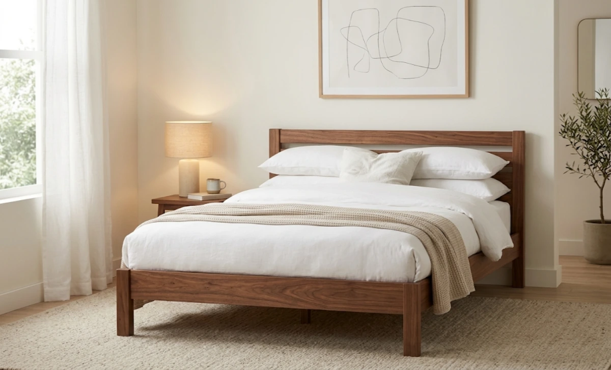 Styled bedroom with a solid wood platform bed frame and warm neutral decor