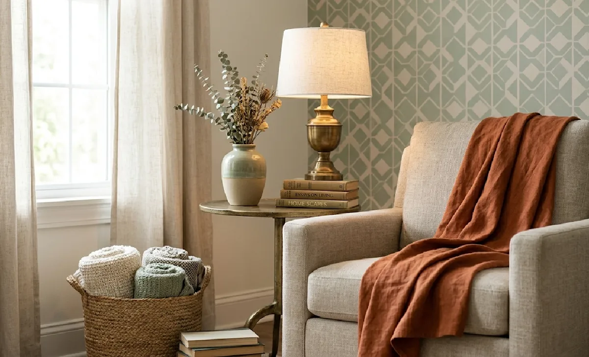 Living room refreshed with thrift store finds, peel-and-stick wall accent, and warm lighting—a Coolideas TheHomeTrotters Com budget transformation