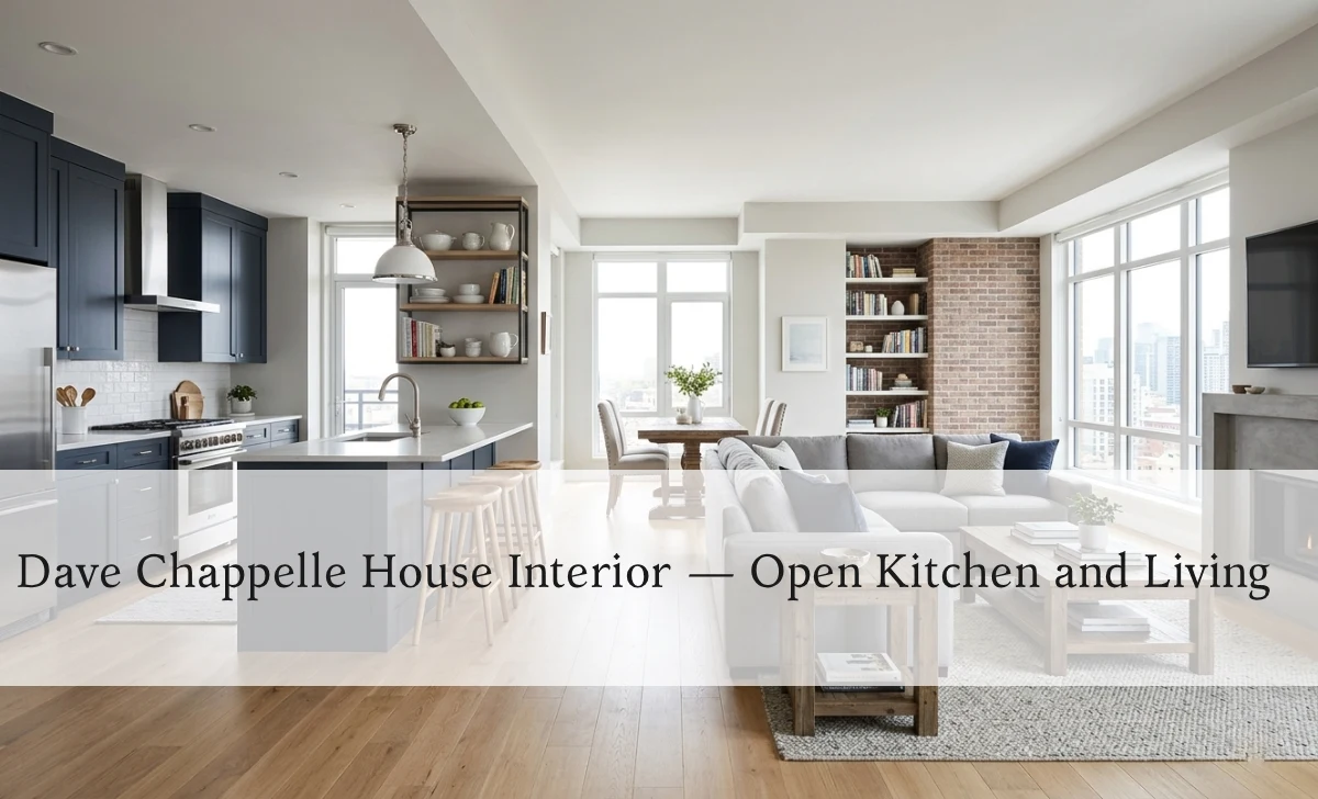 Interior of Dave Chappelle's Yellow Springs home featuring open-concept kitchen with central island, warm wood finishes, and natural lighting