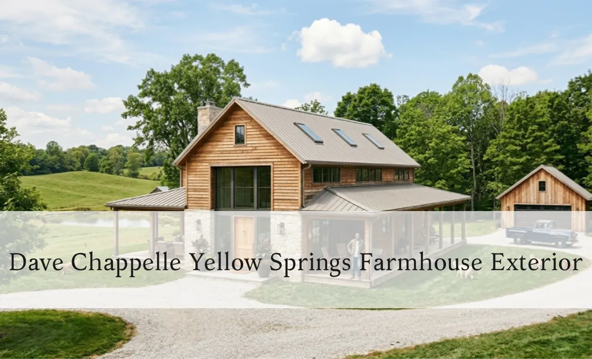 Dave Chappelle's farmhouse on 65 acres in Yellow Springs, Ohio — exterior view with wrap-around porch and open fields