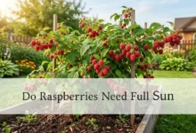 Ripe red raspberries growing on a healthy bush in full sun in a home garden