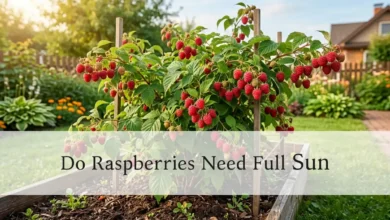 Ripe red raspberries growing on a healthy bush in full sun in a home garden