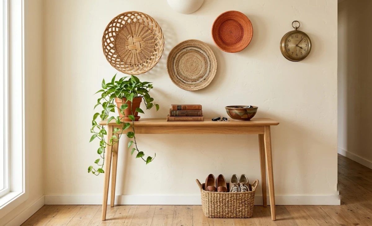 Entryway styled with handmade woven baskets, a vintage wall clock, and global decor pieces inspired by TheHomeTrotters design philosophy