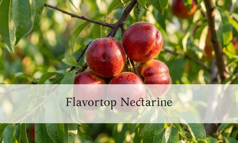 Ripe Flavortop nectarines hanging on a tree branch in summer sunlight