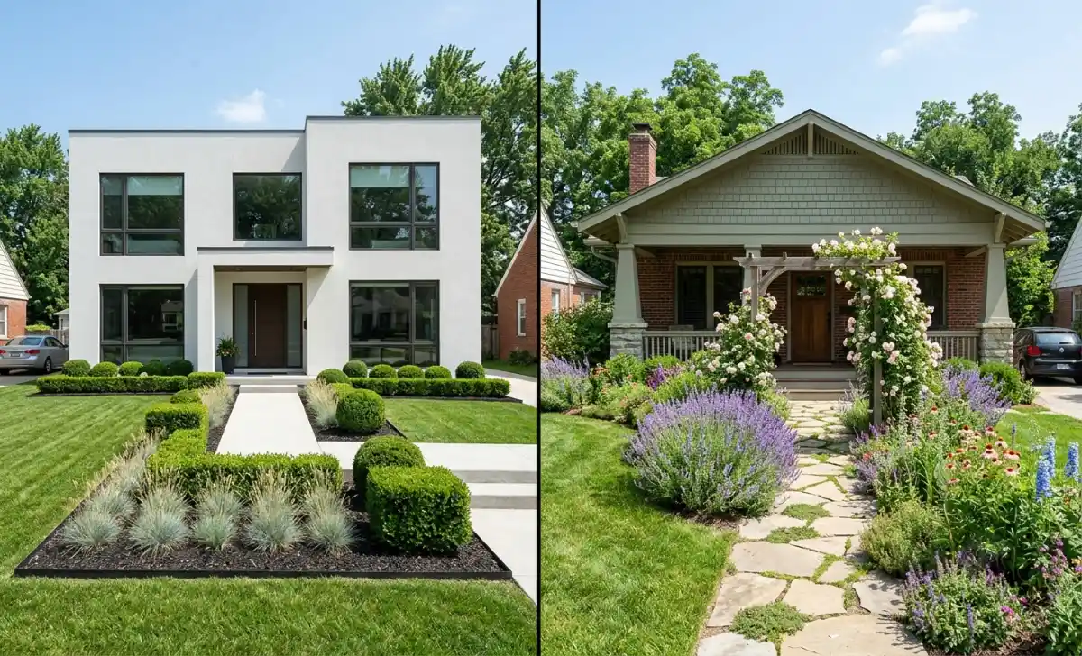 A modern home with clean structured garden plantings alongside a cottage-style home with flowing flower beds
