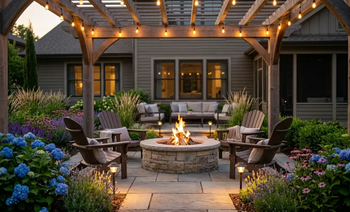 A cozy garden seating area with string lights, a stone fire pit, and surrounding plantings at dusk