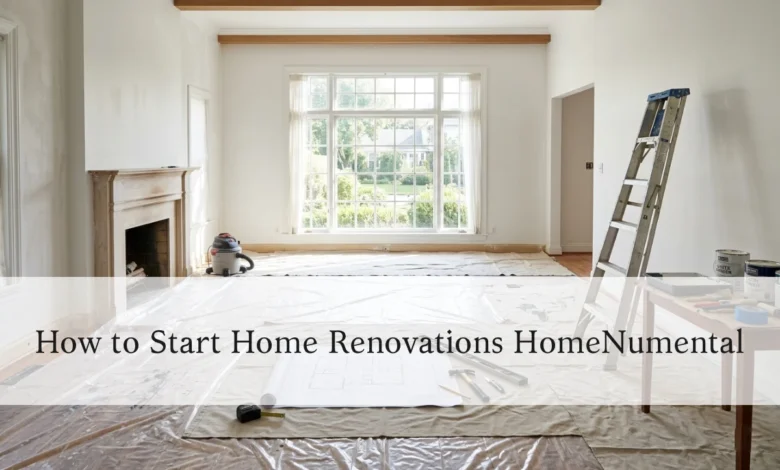 Home renovation in progress with tools, blueprint, and ladder in bright living room