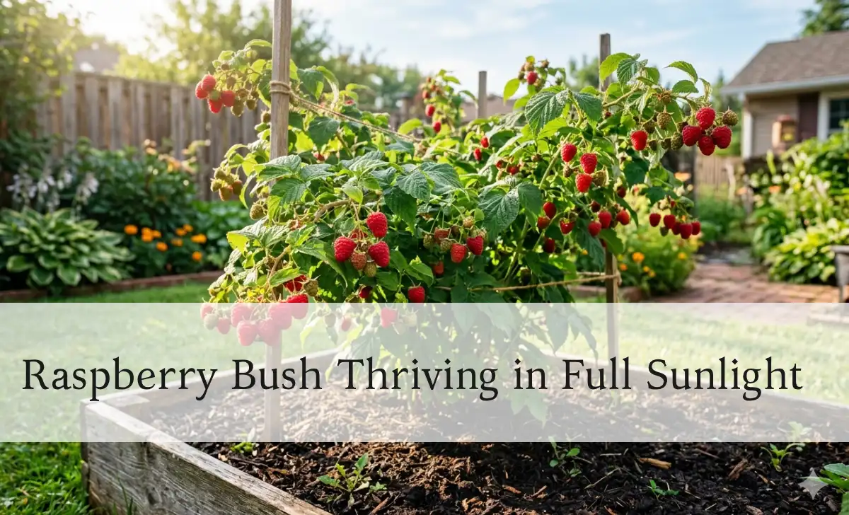 Healthy raspberry bush loaded with ripe red berries growing in full sun in a home garden