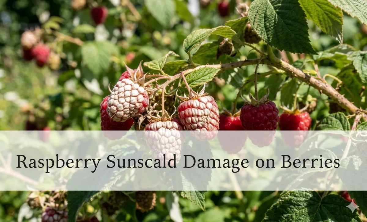 White, sun-damaged raspberries showing sunscald from excessive sunlight exposure