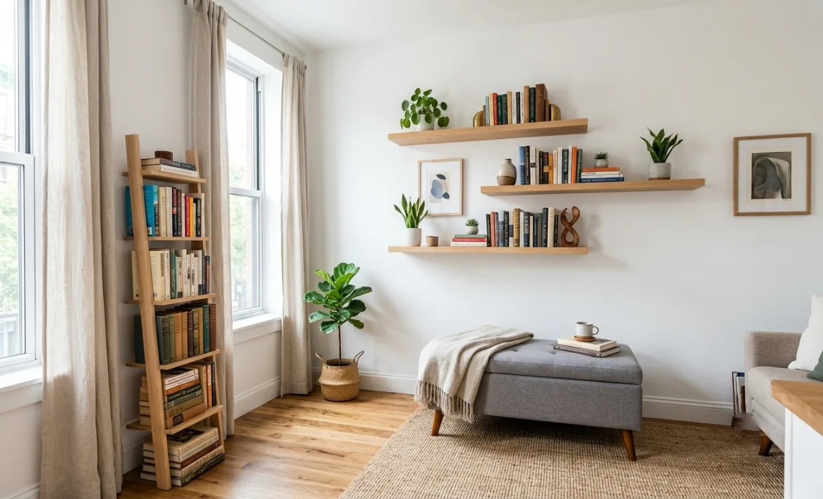 Small apartment living room optimized with floating shelves, a storage ottoman, and vertical organizers following Coolideas TheHomeTrotters Com design principles