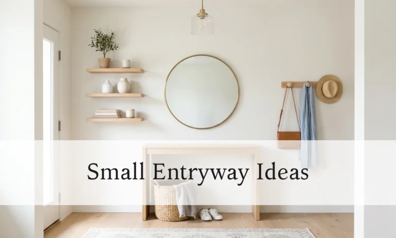 Small entryway with floating shelves, wall hooks, and a mirror to expand space