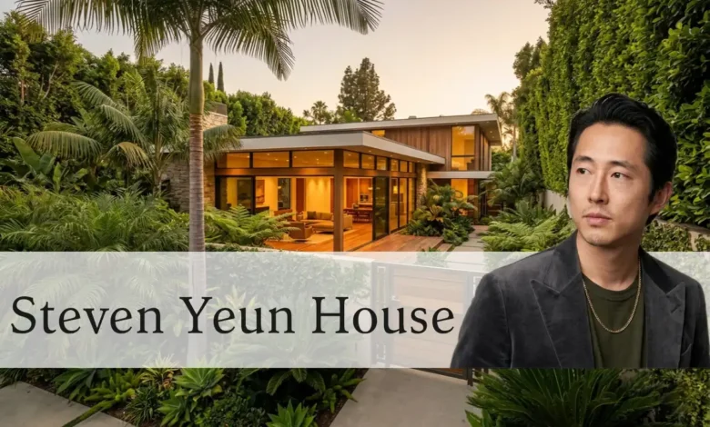 Steven Yeun house exterior — mid-century modern home in Pasadena with tropical garden and private gated entry