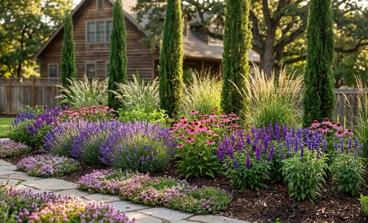 Layered garden bed with structural evergreens, flowering perennials, and ornamental grasses
