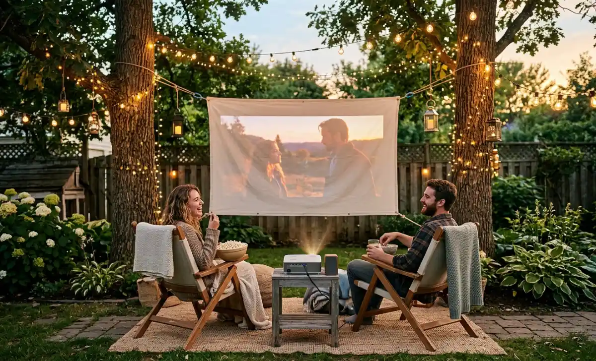 backyard cinema setup as a fun staycation idea at home with projector and string lights at night